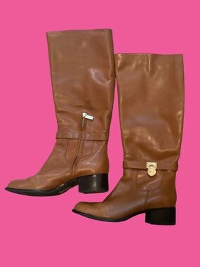 Michael Kors Leather Hamilton Riding Boots Luggage Brown/MK Buckle Size 7